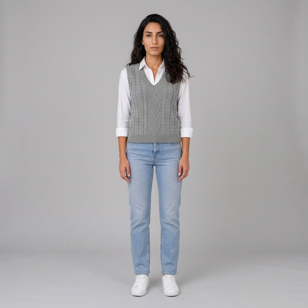 Woman wearing a grey cable knit sleeveless V-neck sweater vest over a white shirt, front view