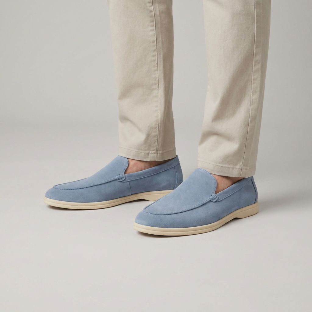 Pale blue suede loafers worn with stone chinos, close view