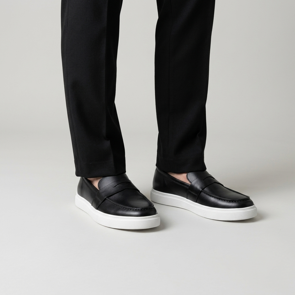 Black leather penny loafers with a white cupsole worn with black trousers, close view