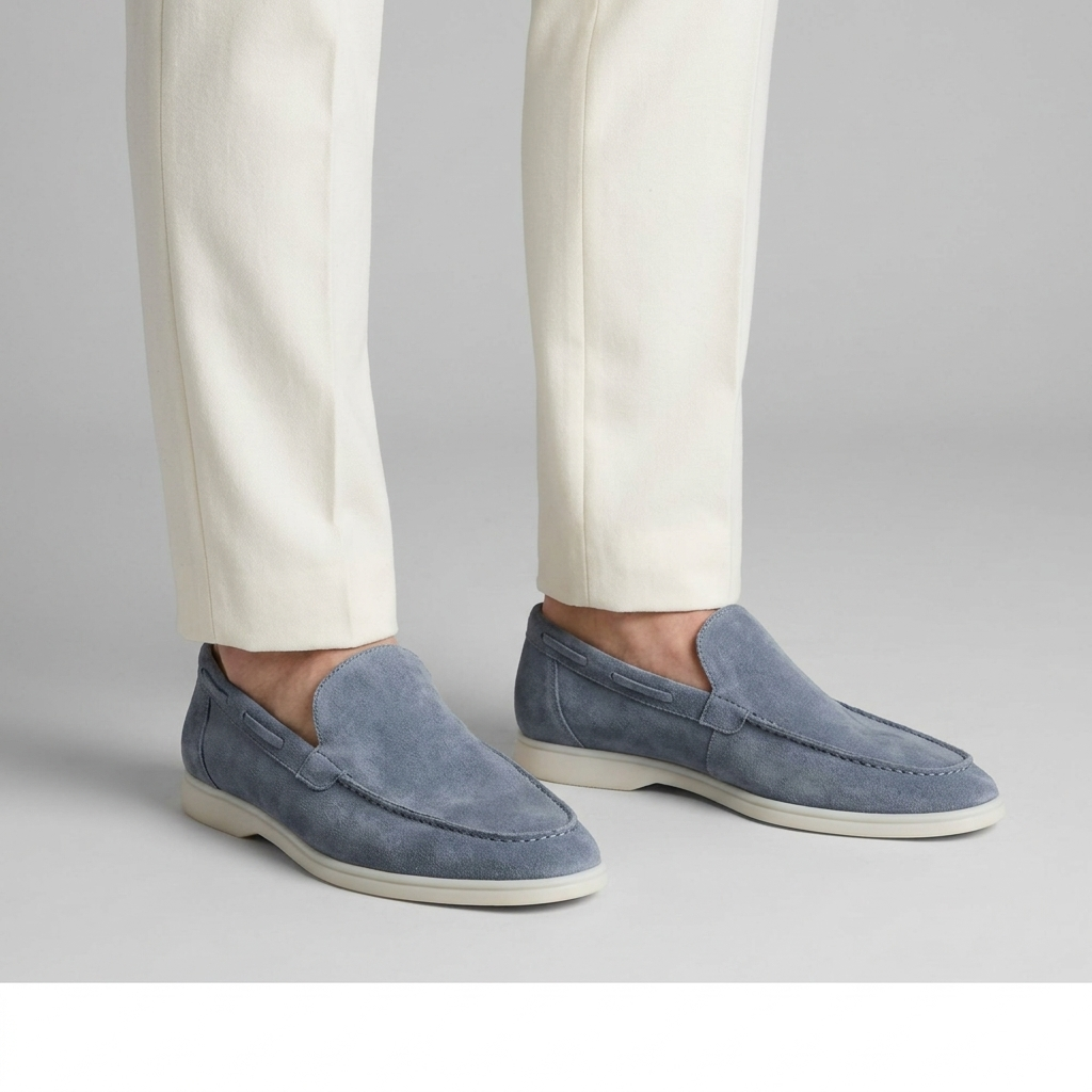 Dusty blue suede loafers with a white sole worn with off white trousers, close view