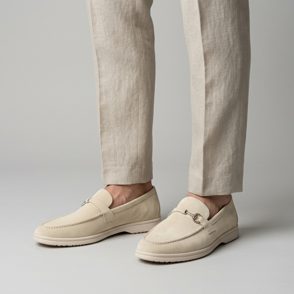 Cream suede bit loafers worn with stone linen trousers, close view