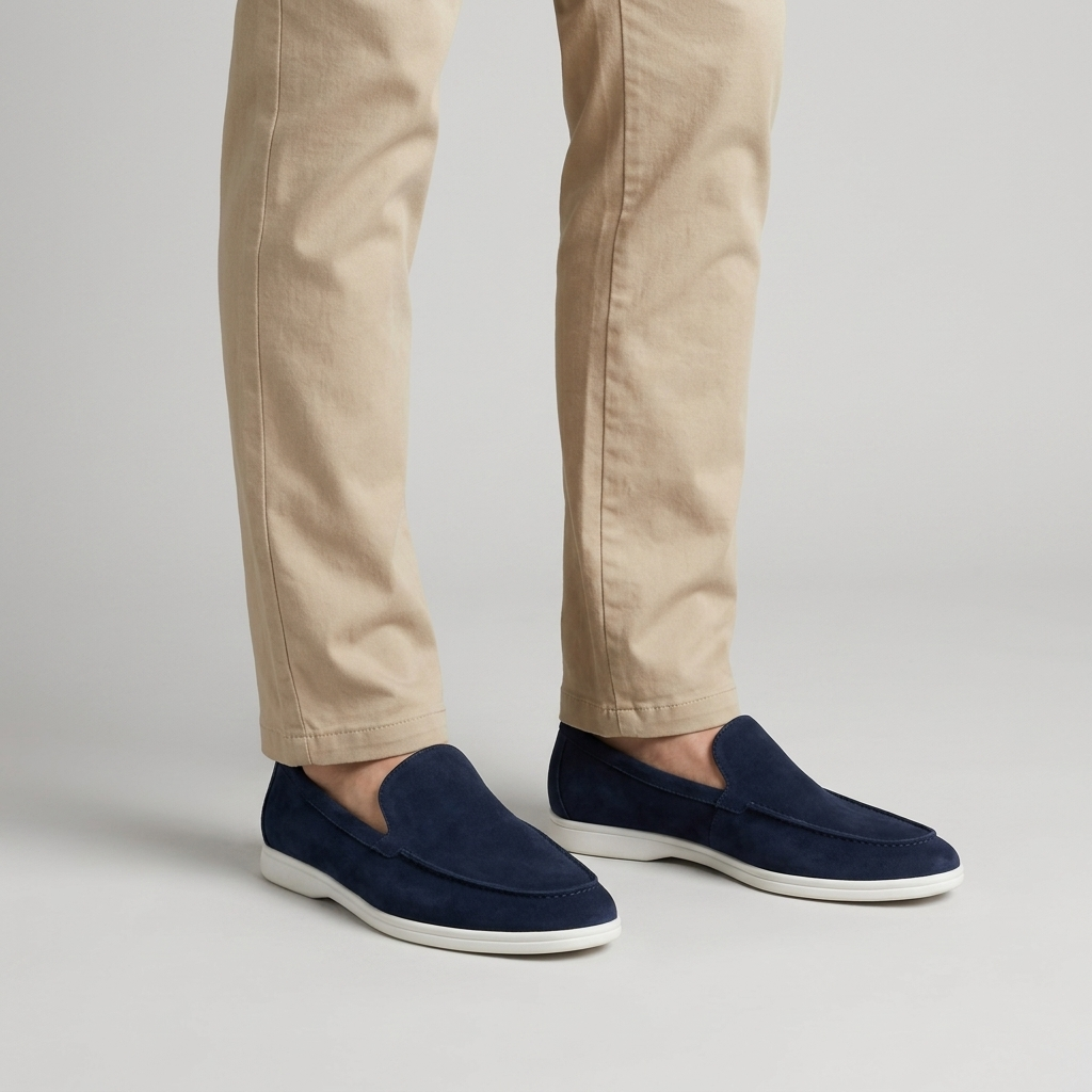 Navy suede loafers with a white sole worn with sand chinos, close view