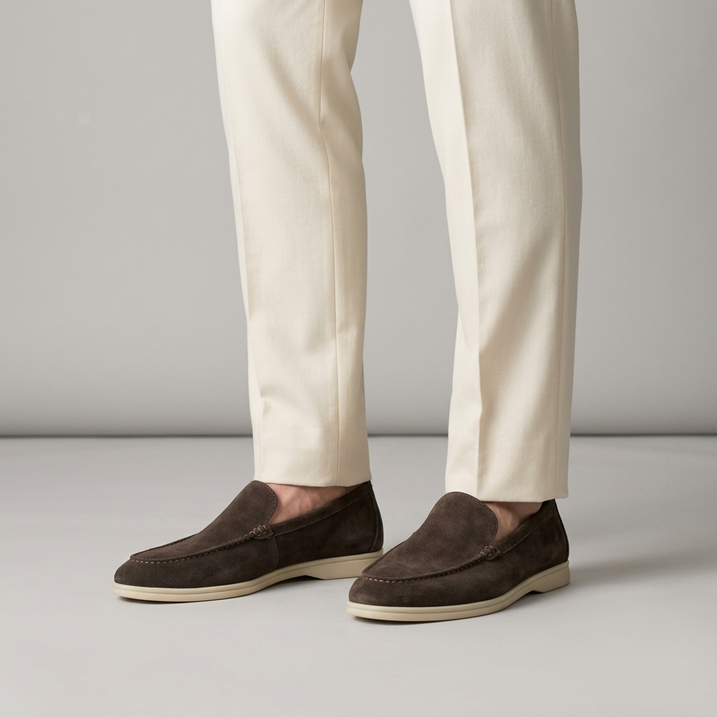 Coffee brown suede yacht loafers worn with cream trousers, close view