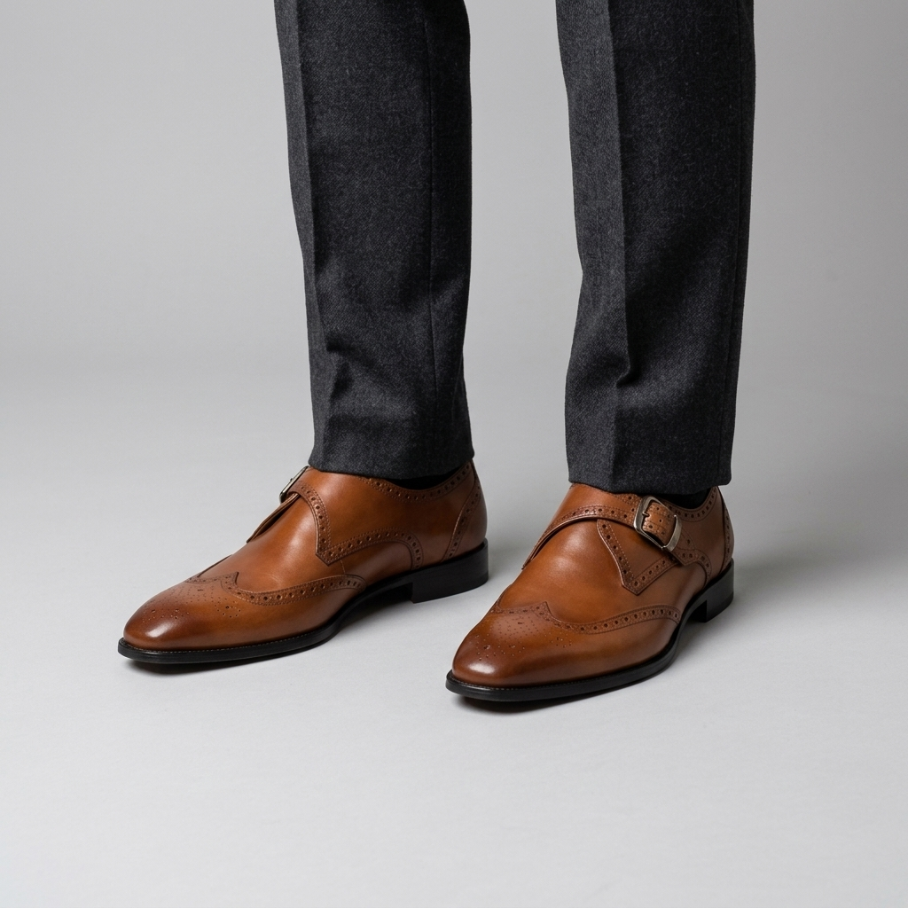Tan leather wingtip monk strap shoes worn with charcoal trousers, close view