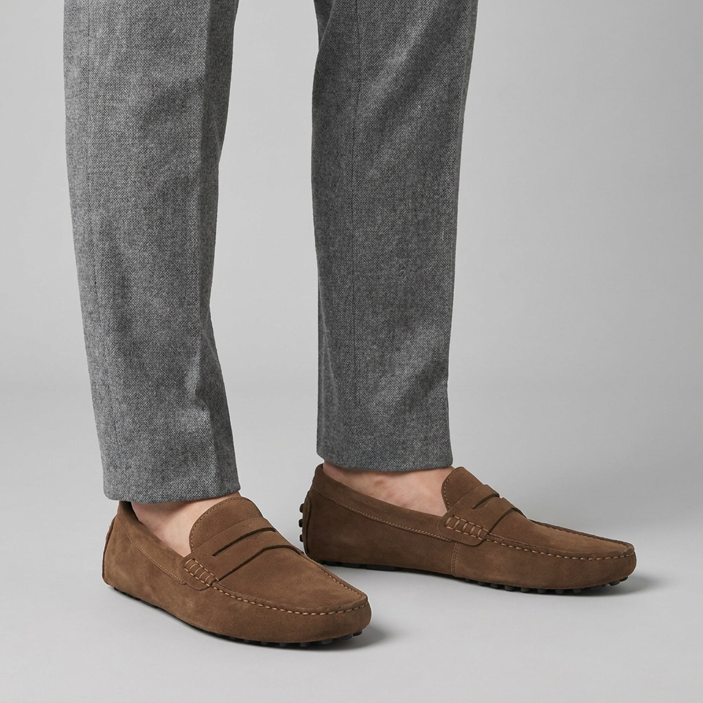 Brown suede driving loafers worn with grey flannel trousers, close view