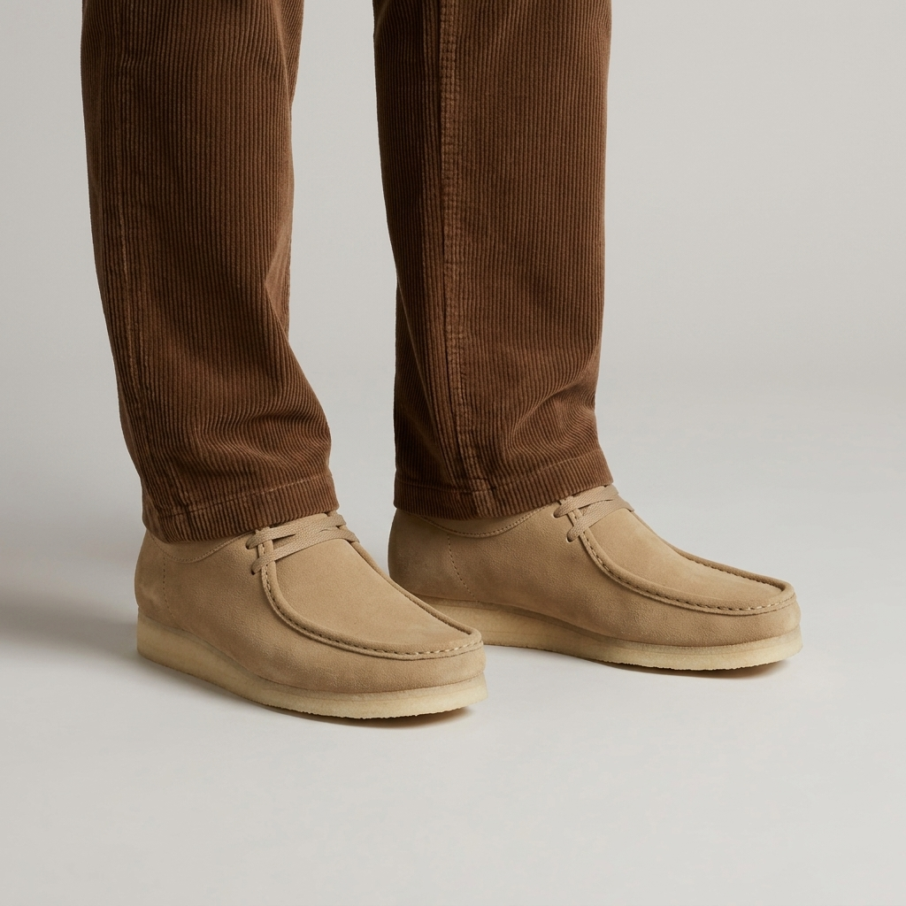 Sand suede moccasin shoes with a crepe sole worn with brown corduroy trousers, close view