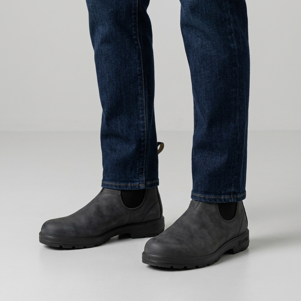 Charcoal grey Chelsea boots with a lugged sole worn with dark jeans, close view