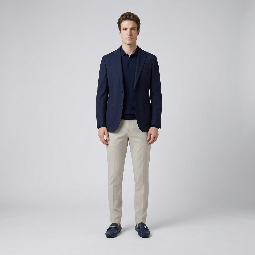 Model wearing navy driving loafers with stone trousers and a navy blazer