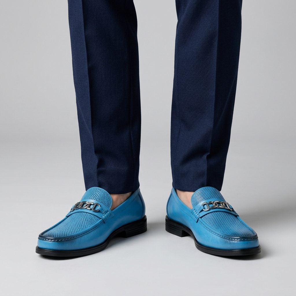Azure blue perforated leather bit loafers worn with navy trousers, close view