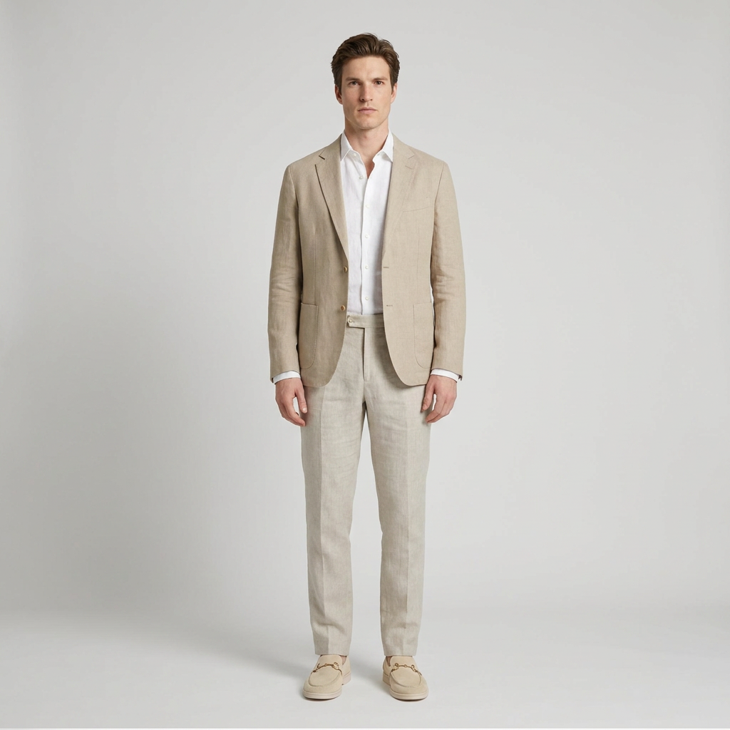 Model wearing cream suede loafers with stone linen trousers and a beige blazer