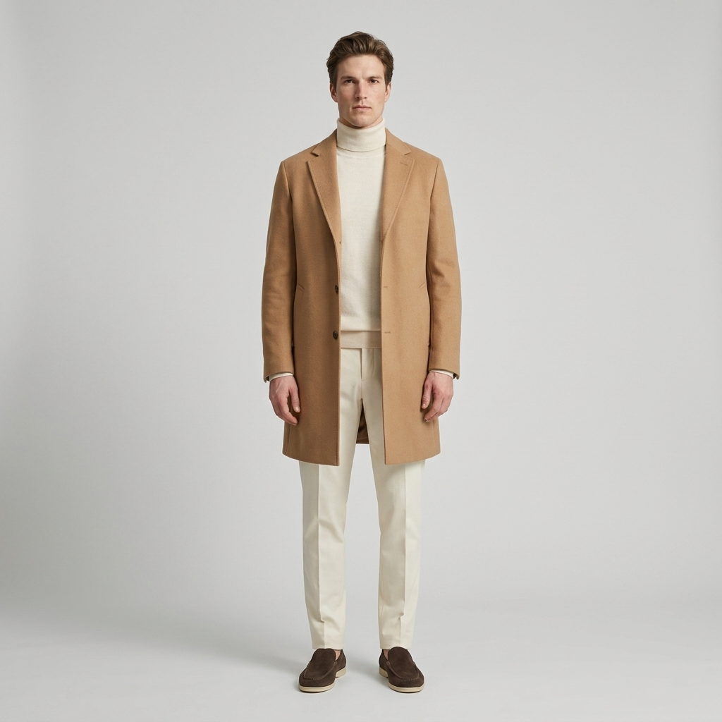 Model wearing coffee brown suede loafers with cream trousers and a camel overcoat