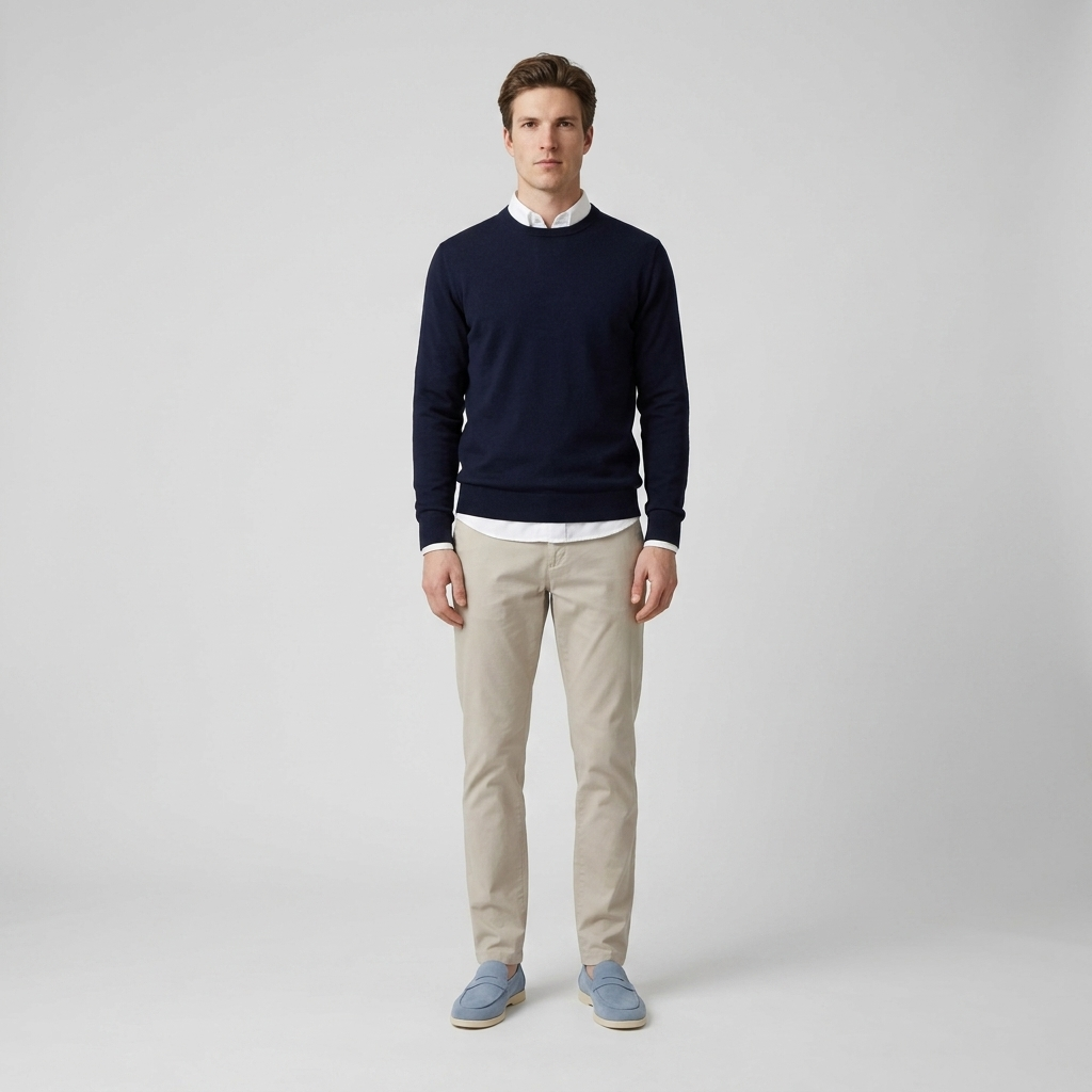 Model wearing pale blue suede loafers with stone chinos and a navy jumper