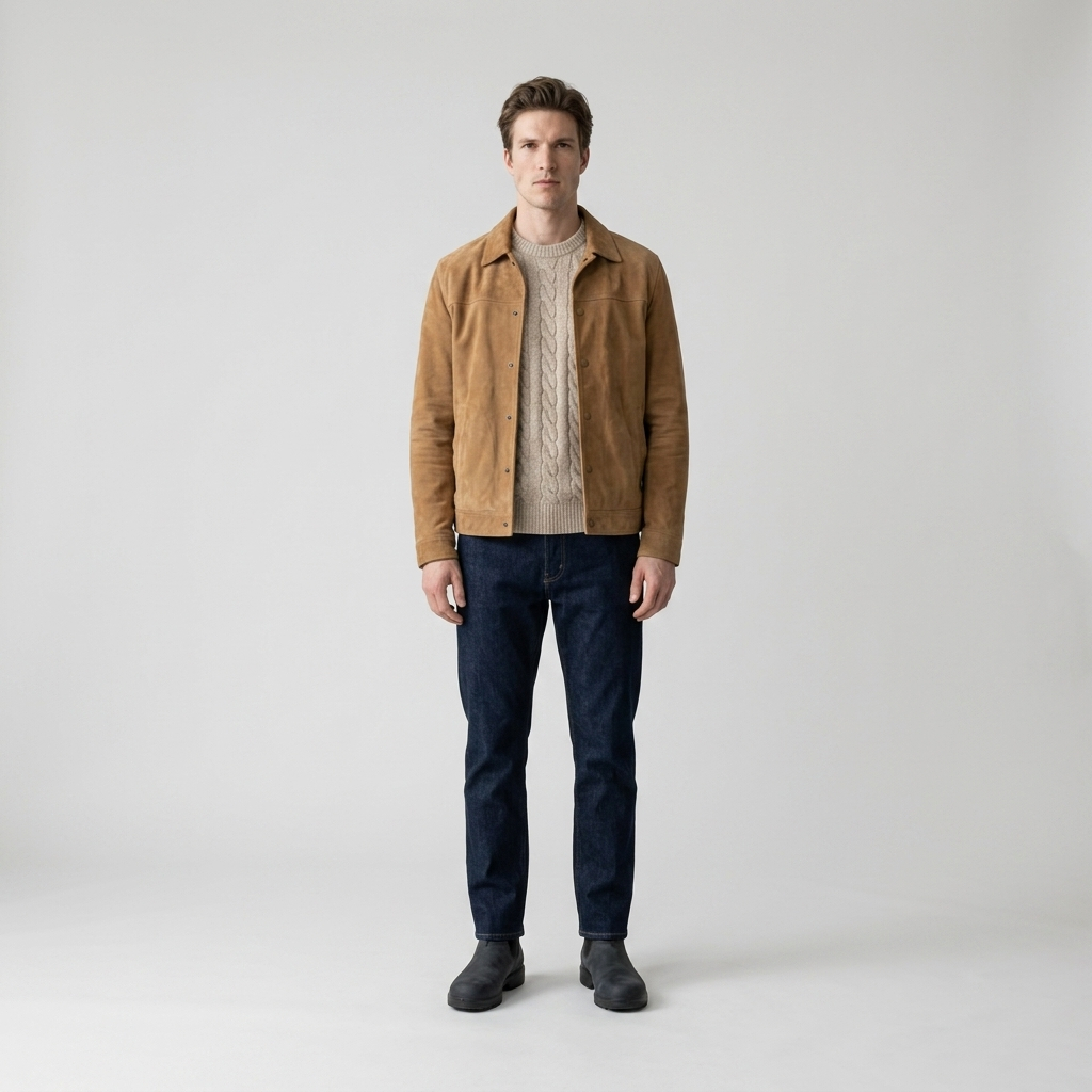 Model wearing charcoal Chelsea boots with dark jeans and a tan suede jacket