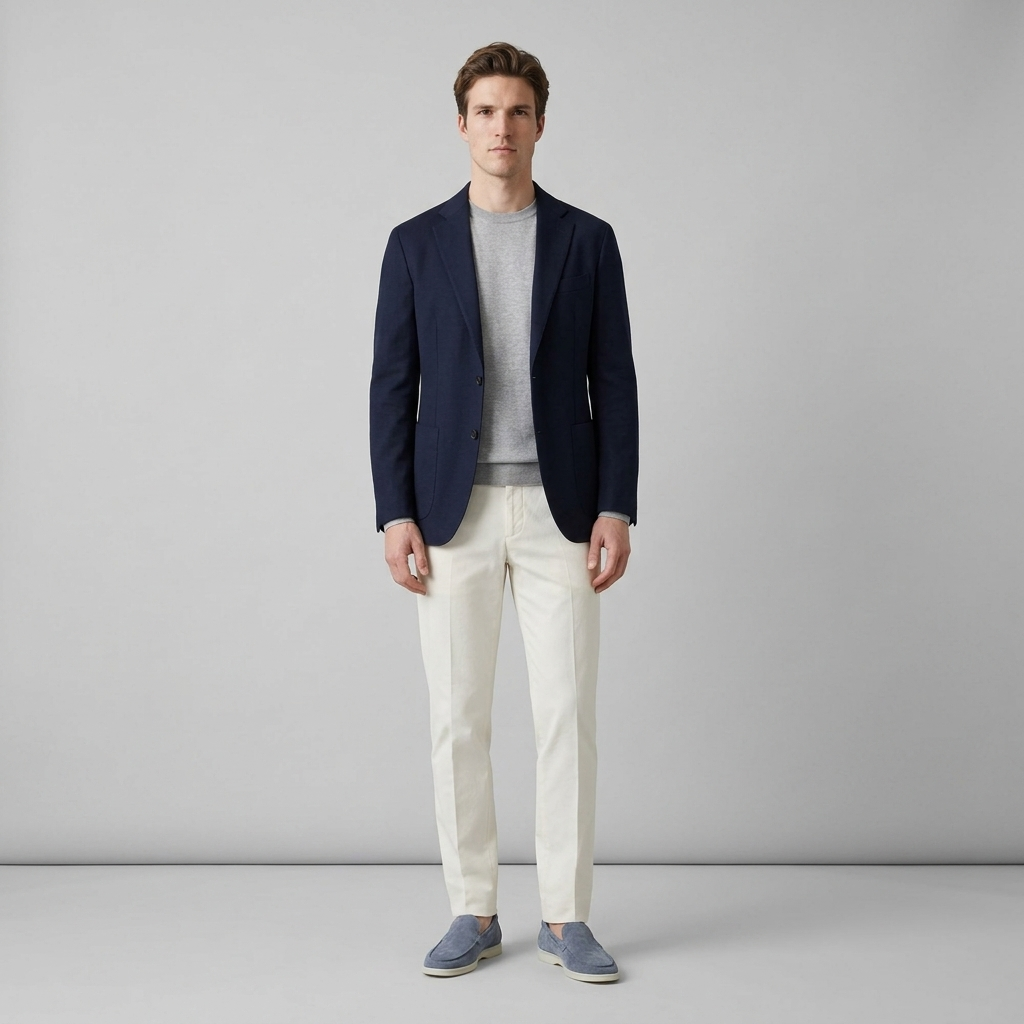 Model wearing dusty blue suede loafers with off white trousers and a navy blazer