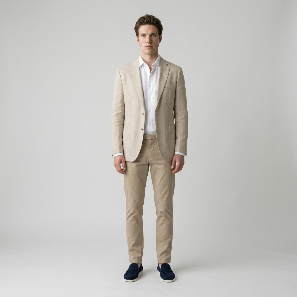 Model wearing navy suede loafers with sand chinos and a beige linen blazer