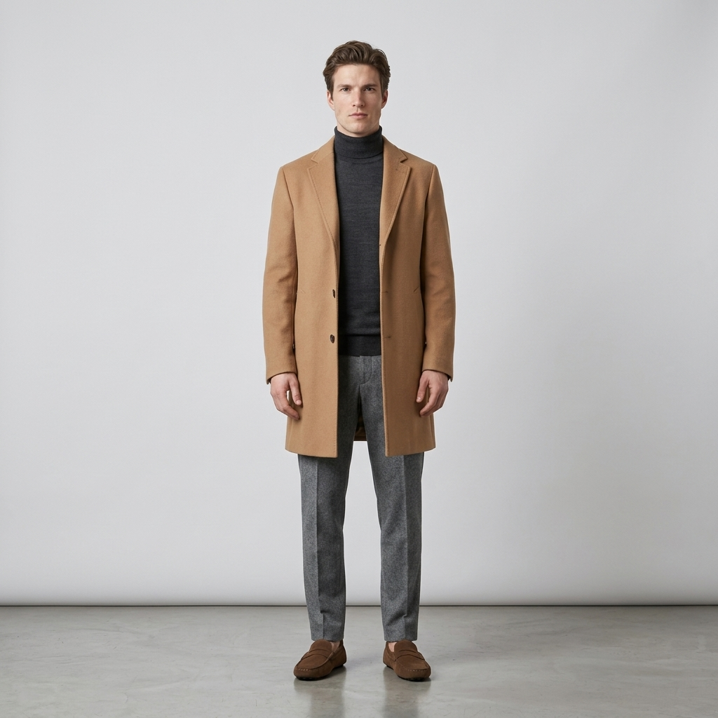 Model wearing brown suede driving loafers with grey flannels and a camel overcoat