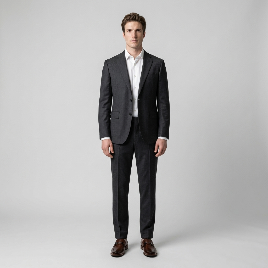 Model wearing dark brown bit loafers with a charcoal suit and white shirt