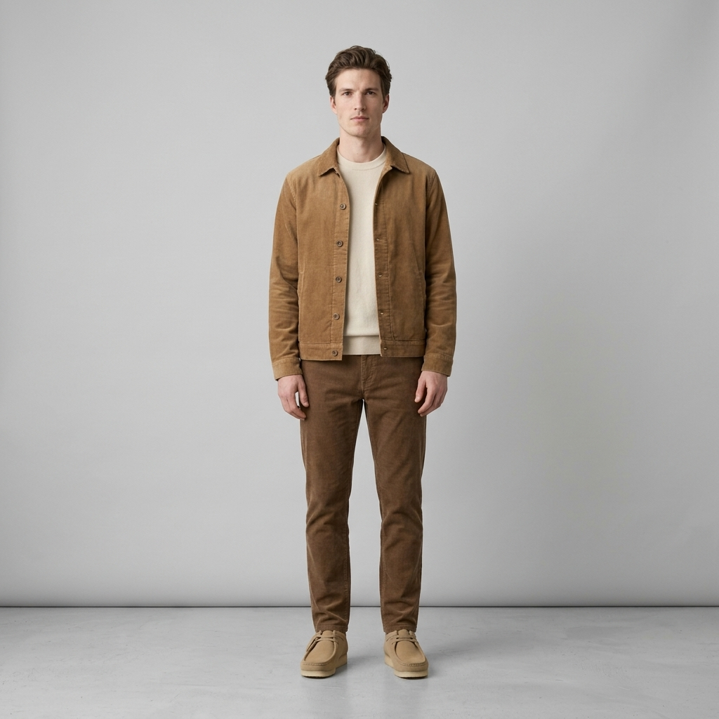 Model wearing sand suede moccasins with brown corduroys and a tan corduroy jacket
