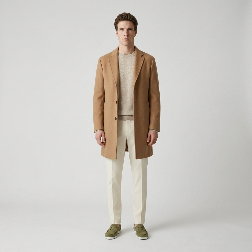 Model wearing olive suede penny loafers with cream trousers and a camel overcoat