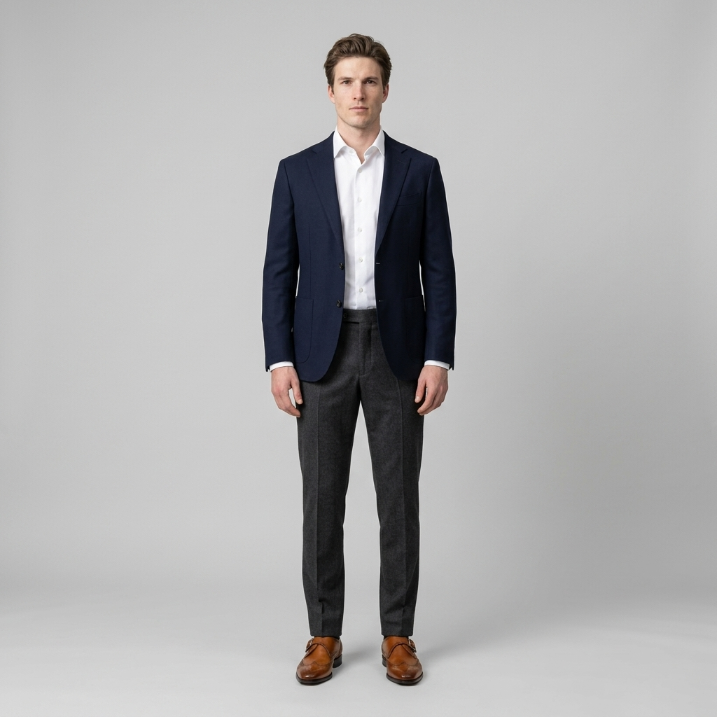 Model wearing tan monk strap brogues with charcoal trousers and a navy blazer