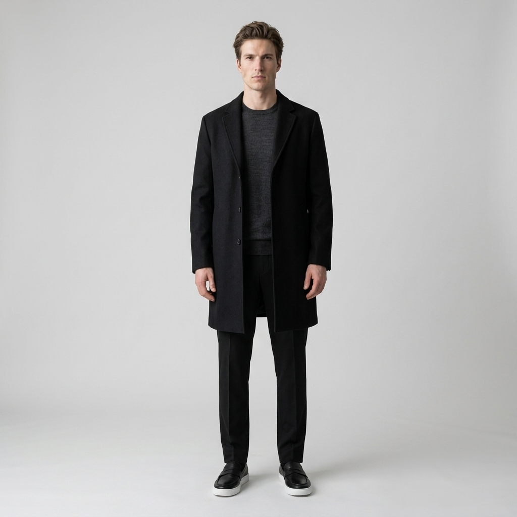 Model wearing black penny loafers with black trousers and a black overcoat