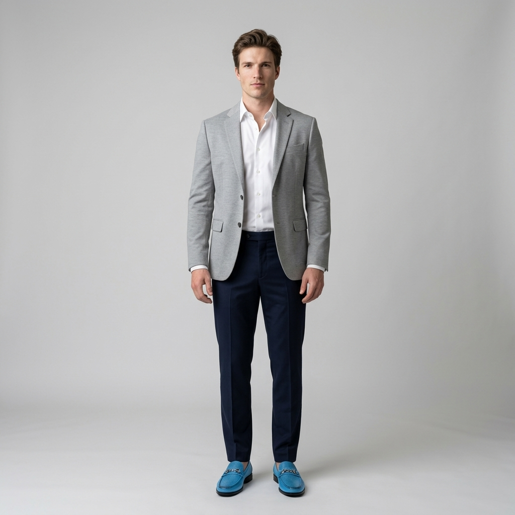 Model wearing azure blue loafers with navy trousers and a light grey blazer