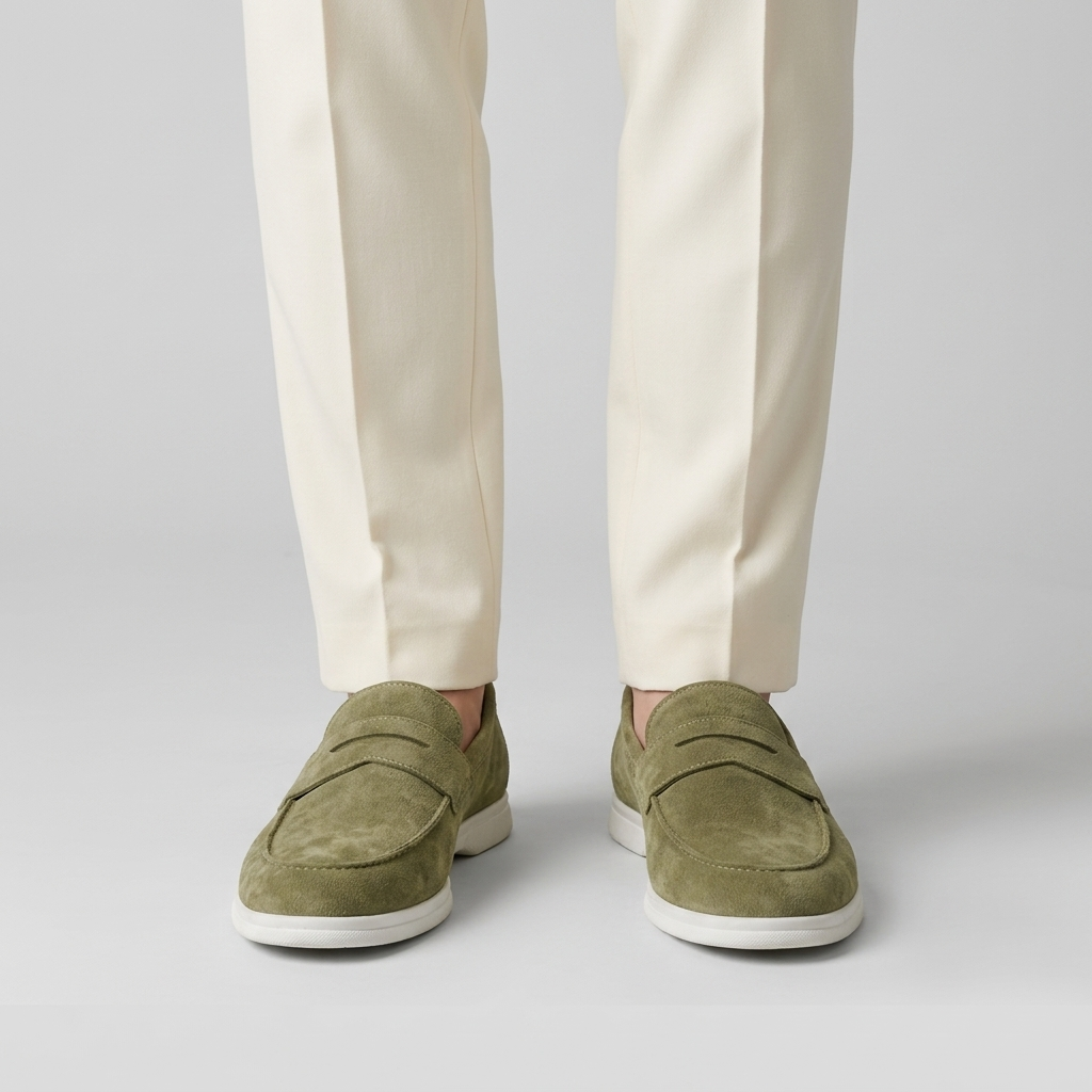Olive suede penny loafers with a white sole worn with cream trousers, close view