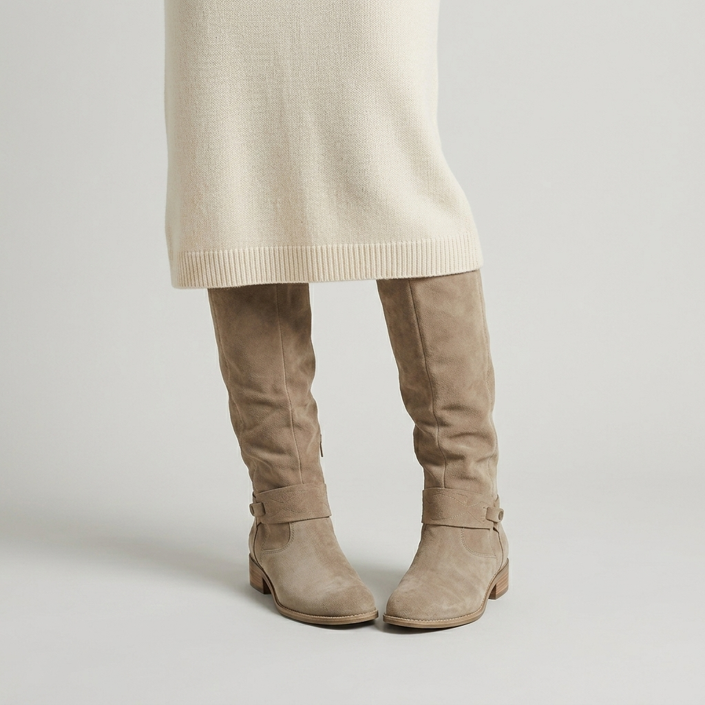 Sand suede knee high slouch boots with a buckle strap, close view