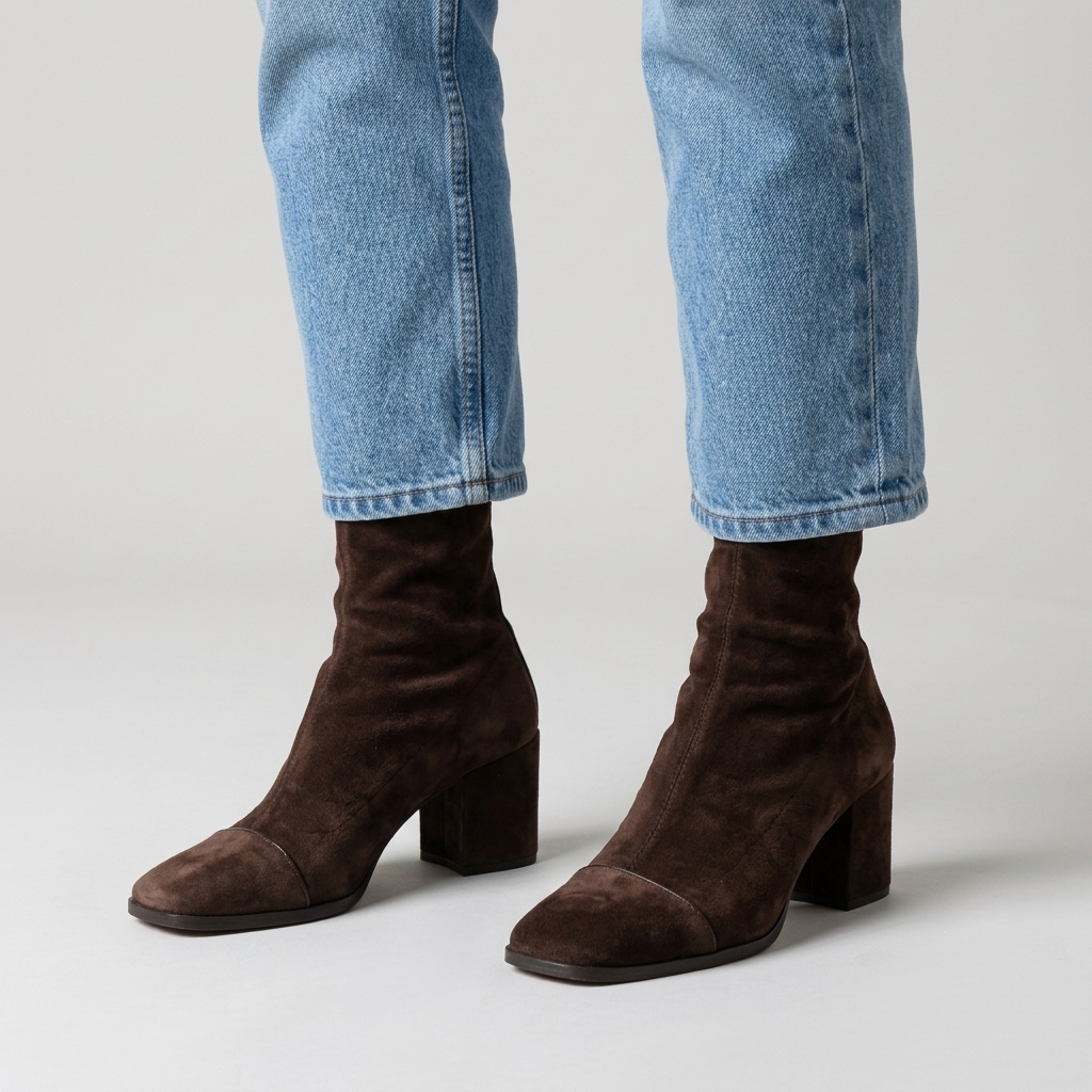 Dark brown suede ankle boots with a chunky block heel, close view