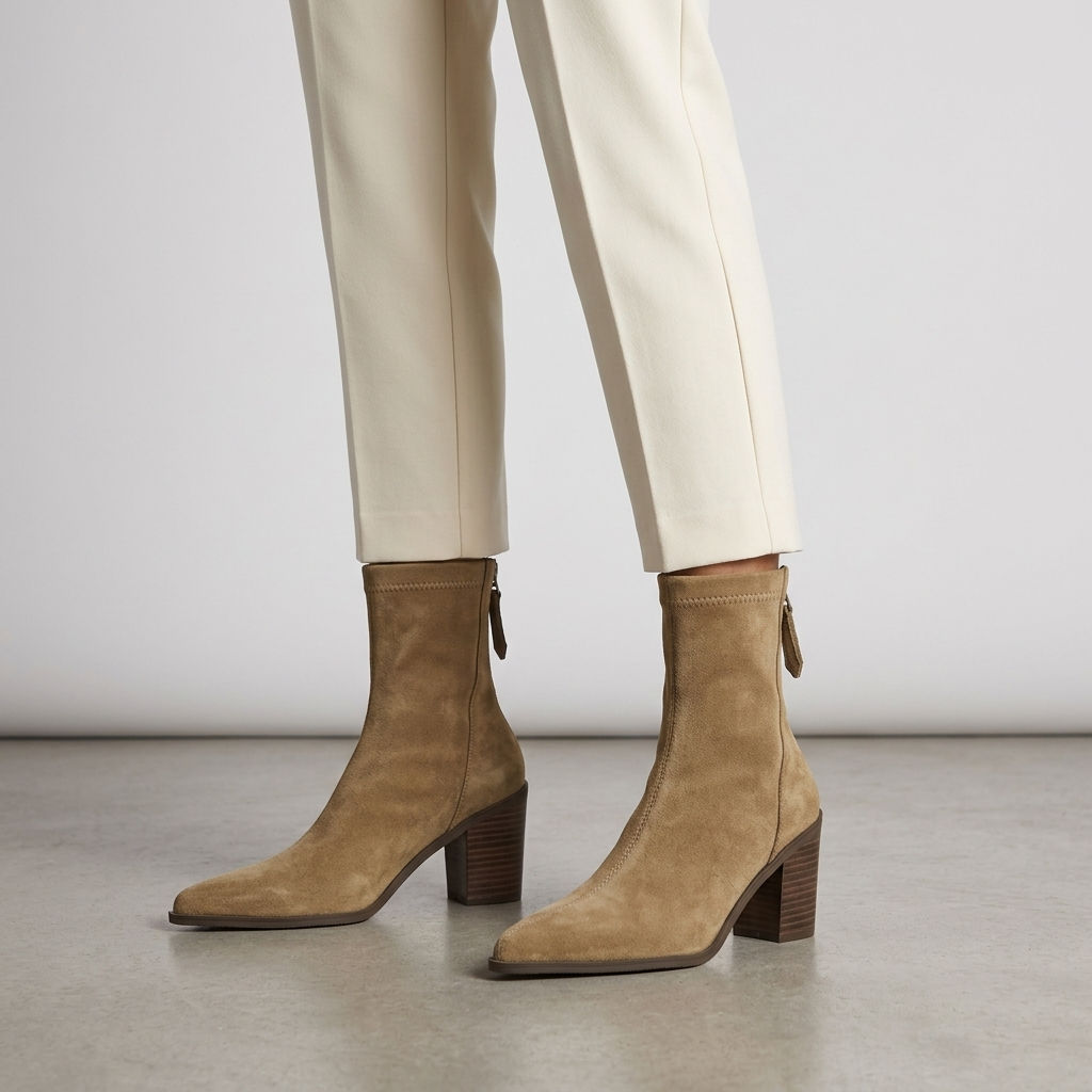 Khaki beige suede mid calf sock boots with a block heel, close view
