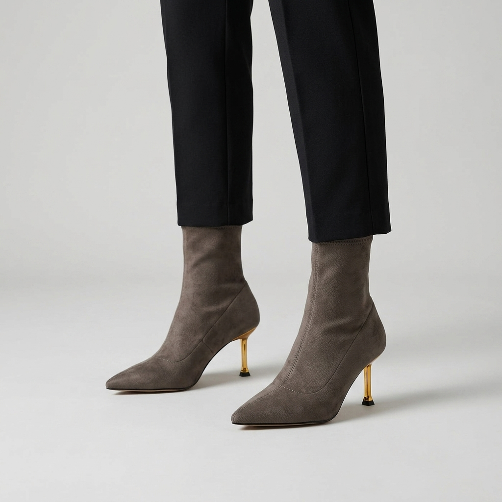 Taupe stretch sock ankle boots with a gold stiletto heel, close view