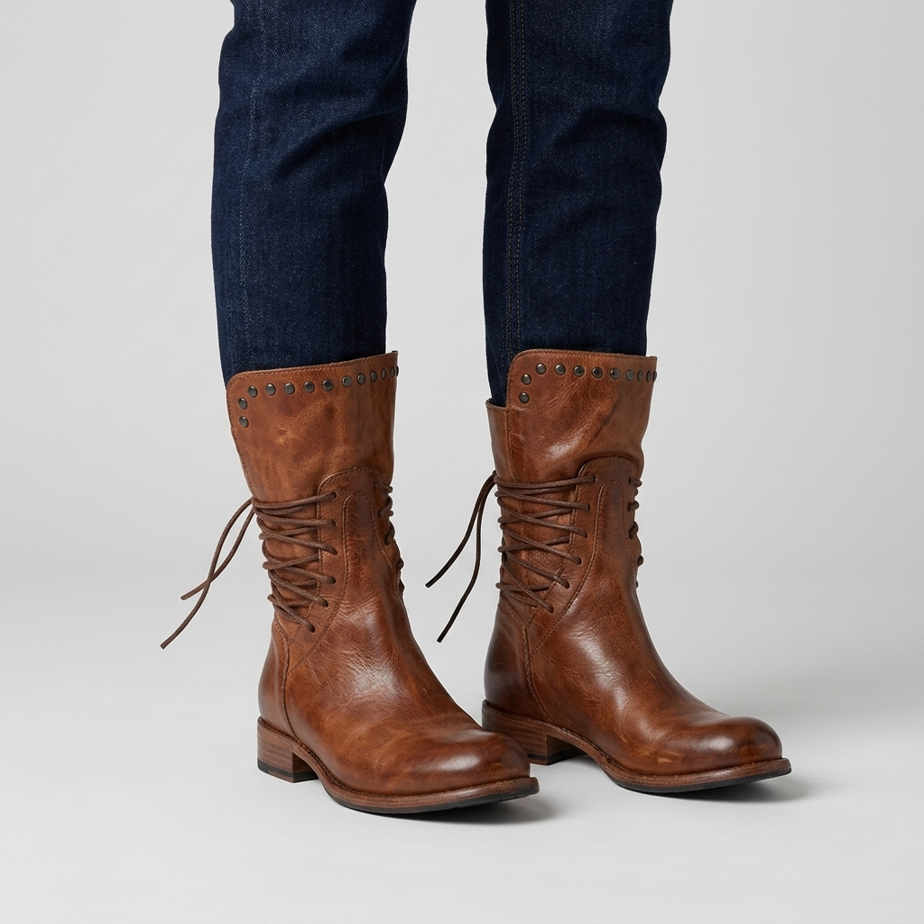 Cognac leather studded lace up mid calf boots, close view