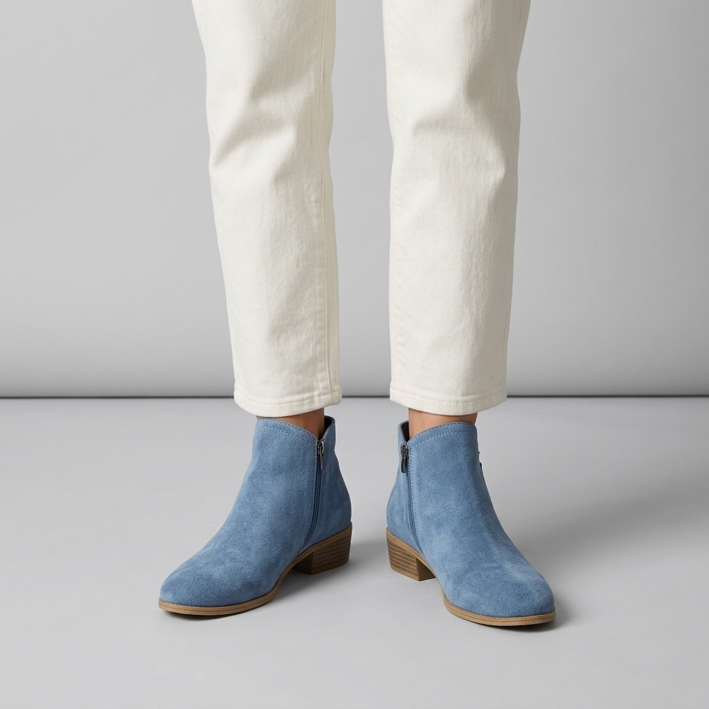 Light blue suede zip ankle boots with a low stacked heel, close view