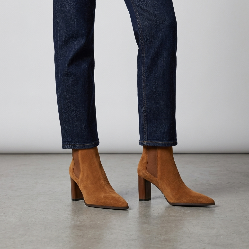 Tan suede pointed ankle boots with a block heel, close view