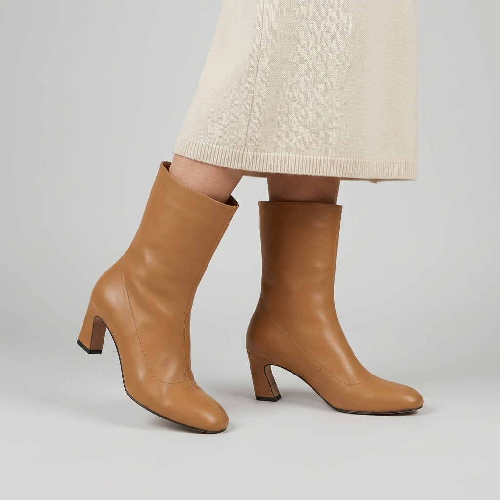 Camel leather mid calf boots with a curved heel, close view