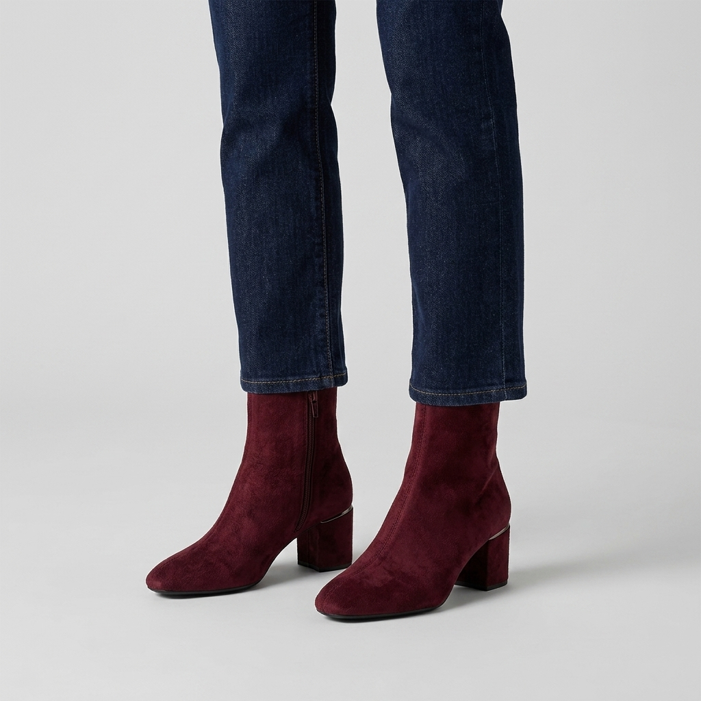 Burgundy suede ankle boots with a block heel, close view