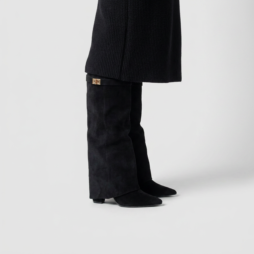 Black suede knee high fold over boots with a gold buckle, close view