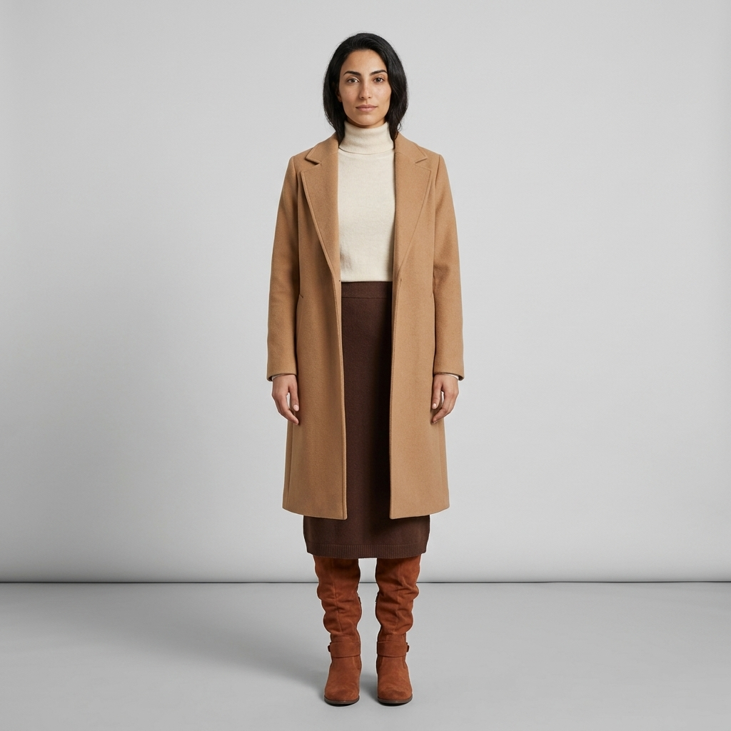 Model wearing rust knee high slouch boots with a brown midi skirt and camel coat