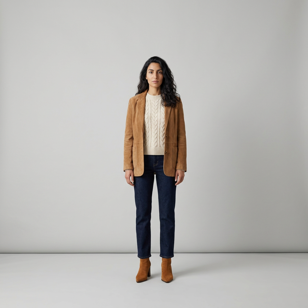 Model wearing tan suede ankle boots with jeans, a cable knit jumper and a suede jacket