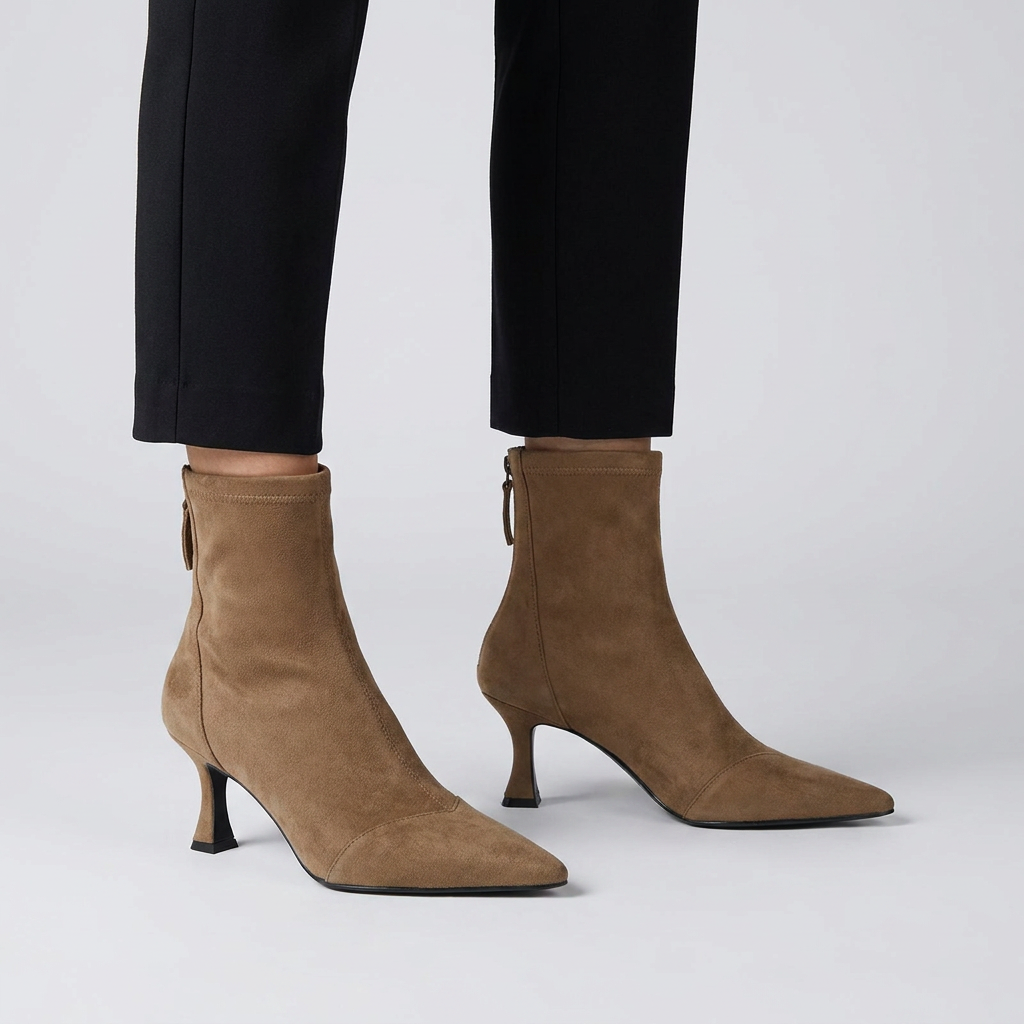 Taupe suede pointed ankle boots with a kitten heel, close view