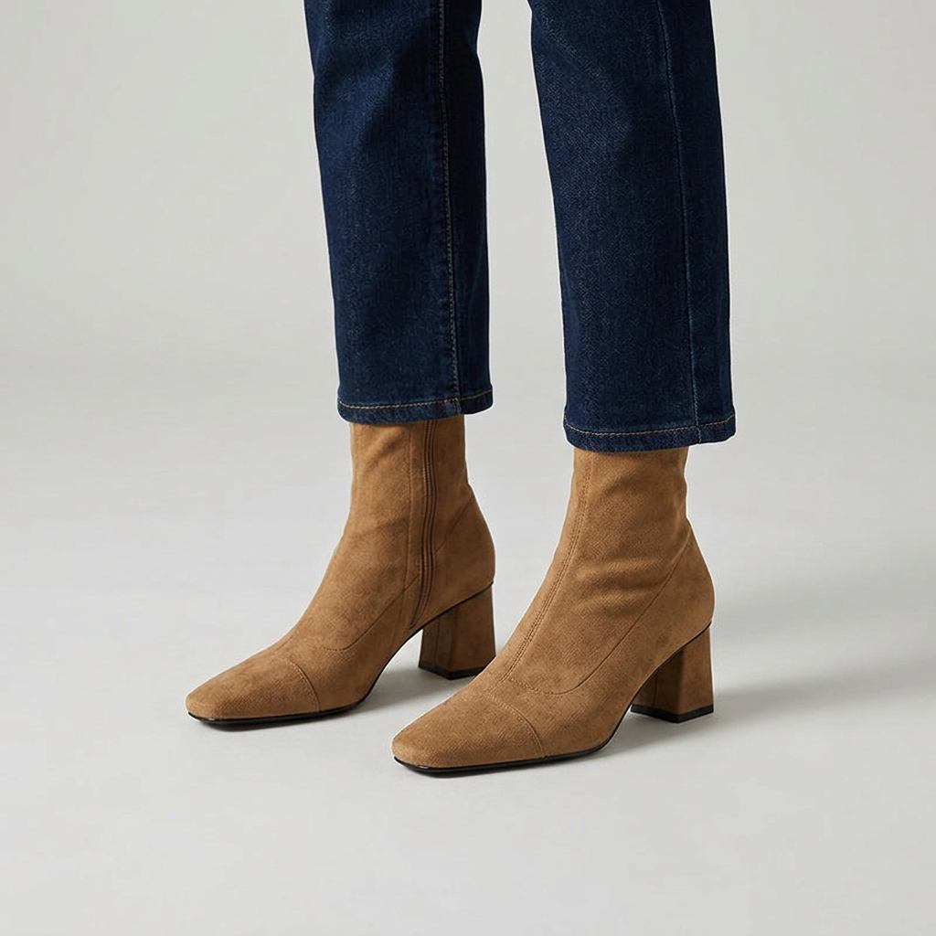 Camel suede ankle sock boots with a block heel, close view