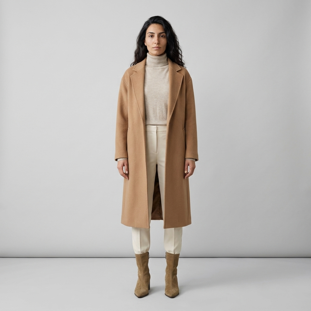 Model wearing khaki suede boots with cream trousers and a camel wool coat