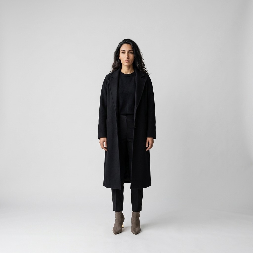 Model wearing taupe sock boots with black trousers and a long black wool coat