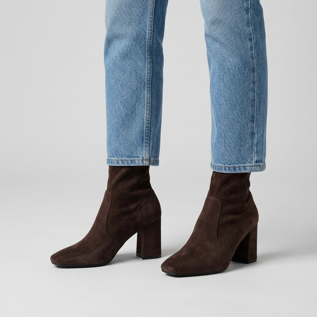 Dark brown suede ankle sock boots with a block heel, close view