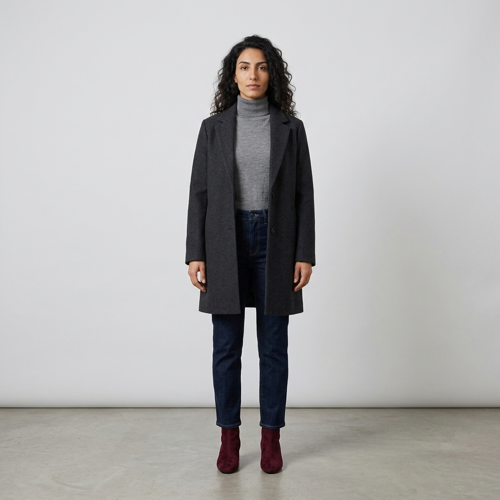Model wearing burgundy ankle boots with jeans and a charcoal wool coat