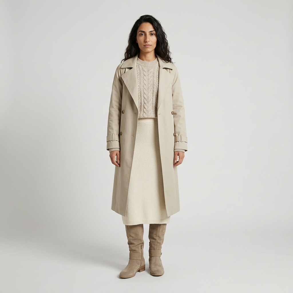 Model wearing sand knee high slouch boots with a cream skirt and a stone trench coat