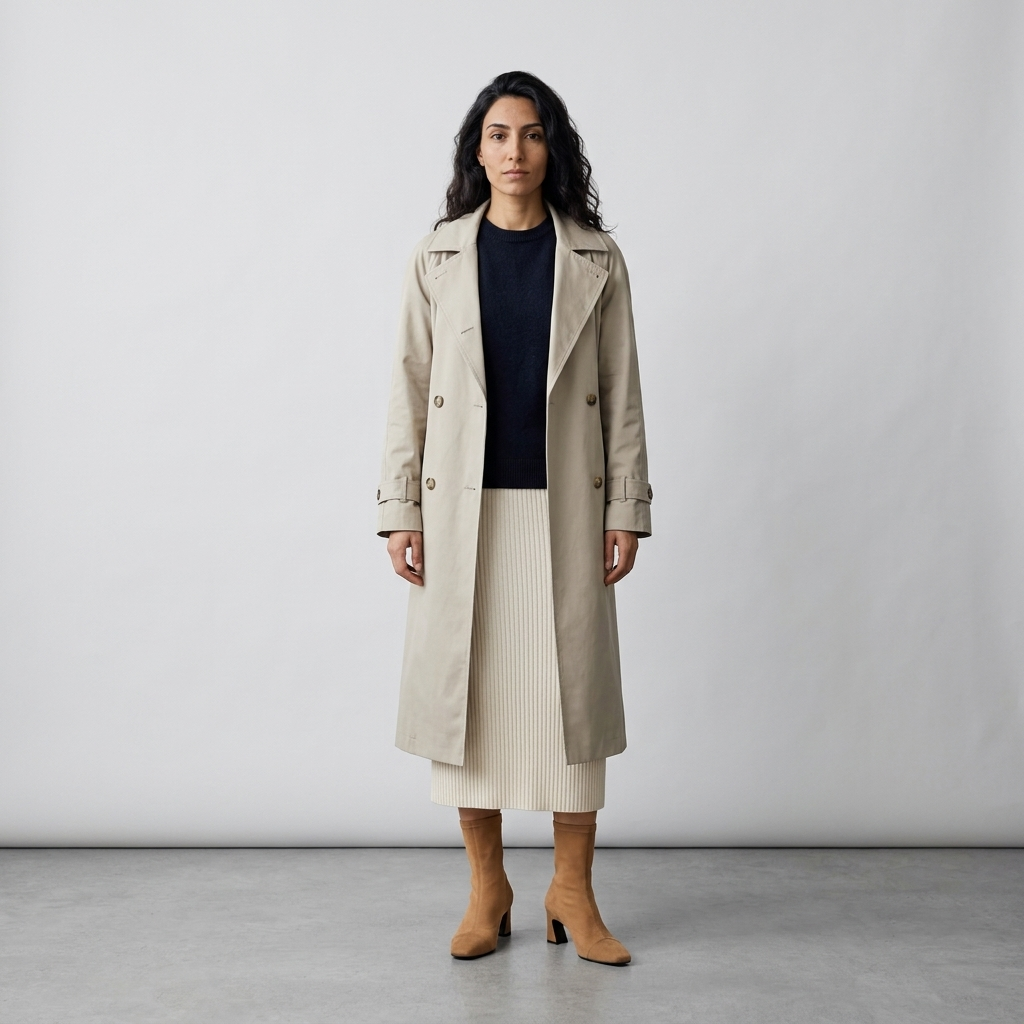 Model wearing camel mid calf boots with a cream knitted skirt and a stone trench coat
