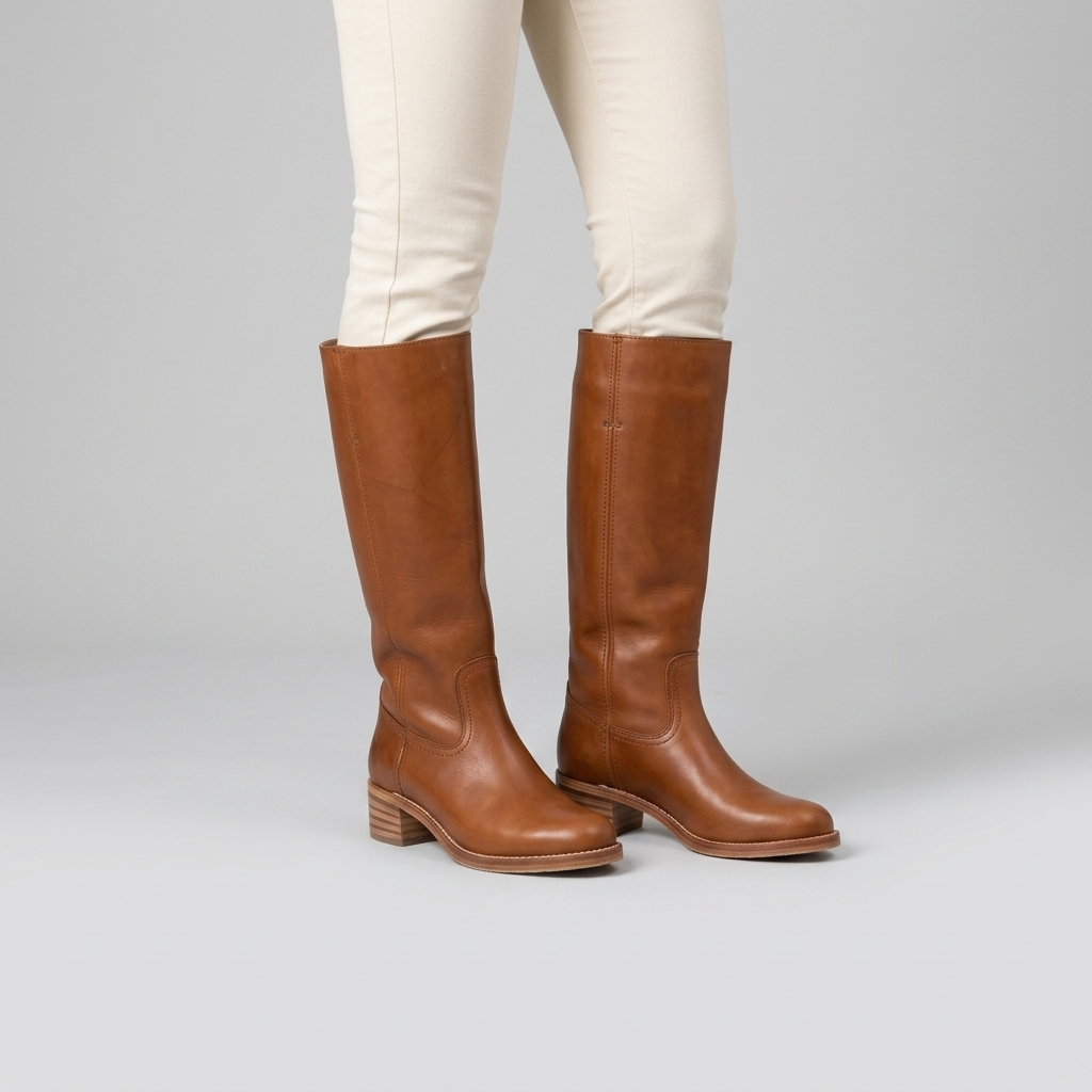 Cognac leather knee high riding boots with a low block heel, close view