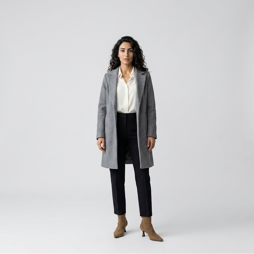 Model wearing taupe pointed ankle boots with black trousers and a grey wool coat