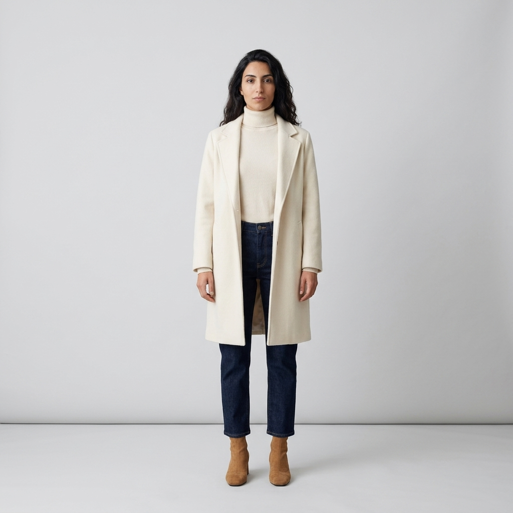 Model wearing camel suede ankle boots with jeans and a cream wool coat
